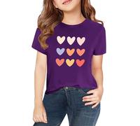 Mädchen T-Shirt Herzen Druck Baumwolle Kurzarm Farben Kinder Teenager Mädchen Rundhals Shirts Tops Basic Kurzarm Tshirt Rundhals Ärmel Top einfarbig Tee mit Oberteil (Purple-B, 3-4 Years)