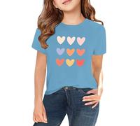 Mädchen T-Shirt Herzen Druck Baumwolle Kurzarm Farben Kinder Teenager Mädchen Rundhals Shirts Tops Basic Kurzarm Tshirt Rundhals Ärmel Top einfarbig Tee mit Oberteil (Light Blue-B, 12-13 Years)