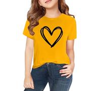 Mädchen T-Shirt Herzen Druck Baumwolle Kurzarm Farben Kinder Teenager Mädchen Rundhals Shirts Tops Basic Kurzarm Tshirt Rundhals Ärmel Top einfarbig Tee mit Oberteil (Yellow-C, 3-4 Years)