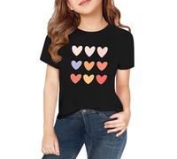 Mädchen T-Shirt Herzen Druck Baumwolle Kurzarm Farben Kinder Teenager Mädchen Rundhals Shirts Tops Basic Kurzarm Tshirt Rundhals Ärmel Top einfarbig Tee mit Oberteil (Black-B, 3-4 Years)