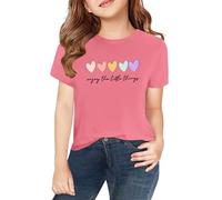Mädchen T-Shirt Herzen Druck Baumwolle Kurzarm Farben Kinder Teenager Mädchen Rundhals Shirts Tops Basic Kurzarm Tshirt Rundhals Ärmel Top einfarbig Tee mit Oberteil (Pink-A, 12-13 Years)