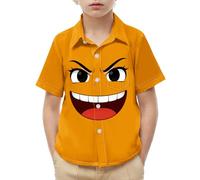 Mädchen-T-Shirts, Knopfleiste, lustiges Cartoon-Gesicht, kurzärmelig, bequem, Sommer, Cartoon, lässig, athletisch, lockere Schul-T-Shirts, Bluse für 2-14 Jahre, C Orange, 3 Jahre