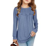 Mädchen T Shirts Tunika Rüschen Langarmshirts Freizeit Lose Tops Niedlich Kinder Weiche Bluse, Blau, 8-10 Jahre
