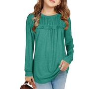 Mädchen T Shirts Tunika Rüschen Langarmshirts Freizeit Lose Tops Niedlich Kinder Weiche Bluse, Grün, 8-10 Jahre
