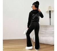 Mädchen Tweens Samt Strass Kängurutasche Kapuzen Reißverschluss Sweatshirt und schmal geschnittene Schlaghose elegantes 2 Stücke Set