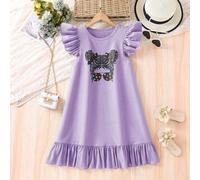 Mädchen weiches gestricktes Cartoon Mädchen Aufdruck A-Linien Kleid, sommer lässiges weites Volantkleid