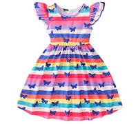Mädchenkleid Schmetterling A-Linie Ärmelloses Sommerkleid Buntes Kleid, Kind Fliegen Ärmel Cartoon Schmetterling Streifen Drucke Sommer Strand Sommerkleid Party Kleider (Hot Pink, 5-6 Years)