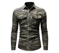 Männer Armee Grün Camo Denim Shirt Outdoor Klettern Camouflage Denim Shirts Baggy Revers Printed Langarm Bluse (Army Green,L)