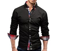 Männer Business Double Kragen Mode Slim Langarm Shirt Basic Solid Color Light Fit Kleid Baggy Revers Shirts (Schwarz,XXL)