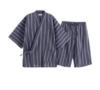Männer Japanische Kimono Pyjamas Anzug Sommer Baumwolle Nachthemd Pyjamas Kurzarm Pjs Set Mit Taschen,Ink Blue,6XL