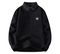 Männer Pullover, Herren Strickpullover Slim Fit Winterpullover - Casual Fashion Loose False Zweiteiliger Gestreifter Rundhals Pullover (Black 3XL)