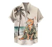 Männer Stehkragen Kurzarmhemden Vintage Japanese Samurai Tier Katze 3D gedruckt Button Down Shirt Sommer Casual Strand Urlaub Tops