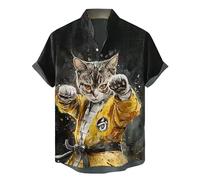 Männer Stehkragen Kurzarmhemden Vintage Japanese Samurai Tier Katze 3D gedruckt Button Down Shirt Sommer Casual Strand Urlaub Tops