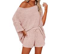 Mafulus Damen 2 Stück Outfits Pullover Set Schulterfrei Strickoberteil + Kordelzug Taille Kurze Anzüge Casual Süße Sets - Pink - Klein