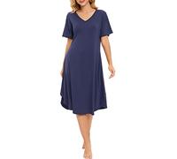 MAGIC ARMOR Nachthemd Damen V-Ausschnitt Loungewear Lang Schlafshirt, Damen Sleepshirt Kurzarm Schlafhemd Nachtwäsche,Ultra-Weiches Nachthemd in voller Länge mit Taschen S-XXL,Blau S