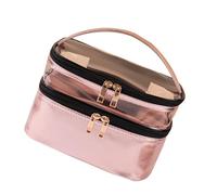 MAGICLULU Transparente Kosmetiktasche mit Henkel Doppellagiger Make Up Organizer für Damen Leichter Reise Kulturbeutel in Metallic Rosa
