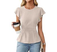 MAGIMODAC Damen Sommer Bluse Elegant Leinen Baumwolle Tunika Rundhals Rüschenärmel Blusen Kurzarm Lässiges Tshirt Oberteil Khaki M