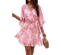 MAGIMODAC Damen Sommerkleid A Linie Chiffon Kleider Strandkleid Kurz Geblümtes Wickeloptik Kleid Festlich V-Ausschnitt Minikleid Rosa S