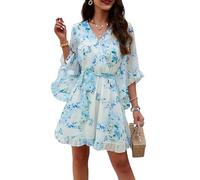 MAGIMODAC Damen Sommerkleid A Linie Chiffon Kleider Strandkleid Kurz Geblümtes Wickeloptik Kleid Festlich V-Ausschnitt Minikleid Hellblau L