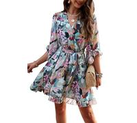 MAGIMODAC Damen Sommerkleid A Linie Chiffon Kleider Strandkleid Kurz Geblümtes Wickeloptik Kleid Festlich V-Ausschnitt Minikleid Grün M