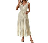 MAGIMODAC Freizeitkleider Damen Lang Sommerkleid Elegant Kleid V-Ausschnitt Hohe Taille Elegant Maxikleid Casual A-Linie Ärmellose Tankini Kleider Mit Knöpfen Apricot XL