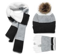 MAGIMODAC Jungen Mädchen Winter Mütze Schal Handschuhe gefütterte Strickmütze Beanie Winterschal Wintermütze 3 teiliges Set Rot Braun Schwarz Grau