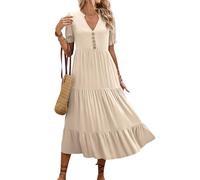 MAGIMODAC Sommerkleid Damen Lang Maxikleid Mit V-Ausschnitt Kurzarm Kleider Elegant Gestuftes A-Linien Kleid Einfarbig Hohe Taille Freizeitkleider Mit KnöPfen Apricot XL