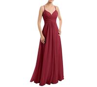 Maid of Honor Kleider für Damen, lang, Chiffon, Schnürung, V-Ausschnitt, A-Linie, offener Rücken, ärmellos, mit Taschen, dunkelrot, 32