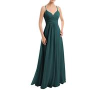 Maid of Honor Kleider für Damen, lang, Chiffon, Schnürung, V-Ausschnitt, A-Linie, offener Rücken, ärmellos, mit Taschen, blaugrün, 32