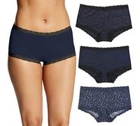 Maidenform Damen Unterwäsche, Mikrofaser, Boyshort Höschen, One Fab Fit, 3er-Pack Slips für Jungen, Marineblau, Schwarz/Marineblau, Schwarze Spitze/glänzender Stern, XXL