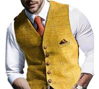Maiyifu-GJ Tweed karierte Business-Anzug Weste lässig tailliert Kragen Wollweste Twill formale Kleid Hochzeit Smoking Weste, yellow (gelb), M