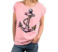 MAKAYA Blumen Shirt Damen Bunt Anker Motiv Sommer Top Große Größen Tunika Mädchen Frauen Große Größen Rosa XXL
