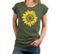 MAKAYA Blumen T-Shirt Damen Top mit Sonnenblume Blumenprint Blumenmuster Blumendruck Sommer Oberteile Große Größen Grün L