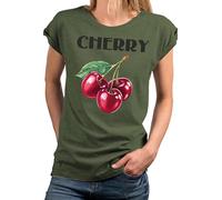 MAKAYA Cherry Shirt Damen Kurzarm Top Kirsche Lässige Sommer Oberteile mit Früchten Print Tshirt Motiv Aufdruck Mode Grün L
