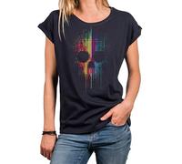 MAKAYA Cooles Gothic Shirt für Damen - Skull T-Shirt mit Bunten Punkten Trendiges Festival Outfit für Frauen Geschenkidee Kurzarm Top Baumwolle Blau Große Größen M