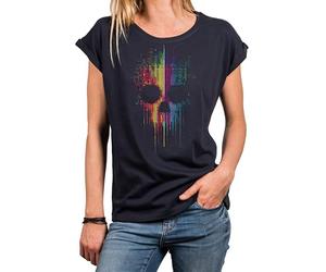 MAKAYA Cooles Gothic Shirt für Damen - Skull T-Shirt mit Bunten Punkten Trendiges Festival Outfit für Frauen Geschenkidee Kurzarm Top Baumwolle Blau Große Größen M
