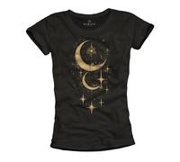 MAKAYA Damen Kurzarm T-Shirt Mond Motiv Lässige Sommer Oberteile Sport Top Sonne Sterne Schwarz M