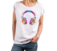MAKAYA Damen Shirt mit Kopfhörer Aufdruck Musik Motiv Hip Hop Frauen Top mit Print Damenshirt Mädchen Weiß M