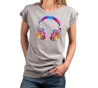 MAKAYA Damen Shirt mit Kopfhörer Aufdruck Musik Motiv Hip Hop Frauen Top mit Print Damenshirt Mädchen Hellgrau XXXL