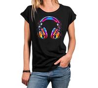 MAKAYA Damen Shirt mit Kopfhörer Aufdruck Musik Motiv Hip Hop Frauen Top mit Print Damenshirt Mädchen Schwarz L