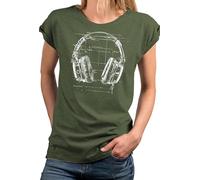 MAKAYA Damen Shirt mit Kopfhörer Motiv Stylisches Hip Hop Kurzarm Top Frauen Musik Design Aufdruck Print Mädchen Grün XS