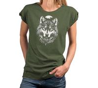 MAKAYA Damen Shirt mit Wolf Motiv Kurzarm Top Hundemotiv Wolfskopf Mond Wolfsmotiv Hunde Oberteile Grün L