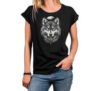 MAKAYA Damen Shirt mit Wolf Motiv Kurzarm Top Hundemotiv Wolfskopf Mond Wolfsmotiv Hunde Oberteile Schwarz XXL