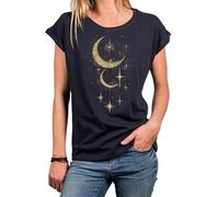 MAKAYA Damen Shirt Mondphasen Vintage Occult Gothic Kult Sterne Frauen Top Mond Motiv Astronomie Halloween Blau M