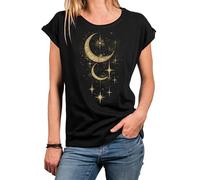MAKAYA Damen Shirt Mondphasen Vintage Occult Gothic Kult Sterne Frauen Top Mond Motiv Astronomie Halloween Schwarz XXXL