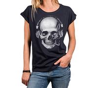 MAKAYA Damen Shirt Totenkopf Motiv Kopfhörer Skull Print Rockige Oberteile Frauen Tunkika Große Größen Oversize Blau L