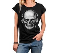 MAKAYA Damen Shirt Totenkopf Motiv Kopfhörer Skull Print Rockige Oberteile Frauen Tunkika Große Größen Oversize Schwarz XXXL