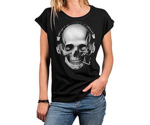 MAKAYA Damen Shirt Totenkopf Motiv Kopfhörer Skull Print Rockige Oberteile Frauen Tunkika Große Größen Oversize Schwarz L