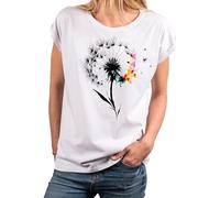 MAKAYA Damen T-Shirt mit Blumenmuster - Pusteblume Florales Sommer Shirt Blumendruck Kurzarm Top für Frauen & Mädchen Blumen Print Baumwolle Weiß M
