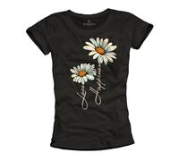 MAKAYA Damen T-Shirt mit Gänseblümchen Spruch Blumen Floral Blumenprint Blumendruck Hippie Festival Schwarz Größe L